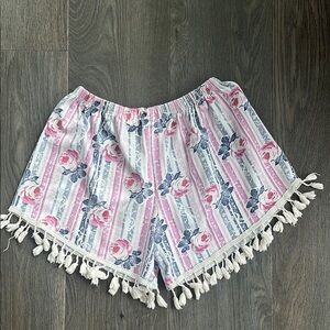 Zara Pink and Blue Floral Shorts with Tassel Trim